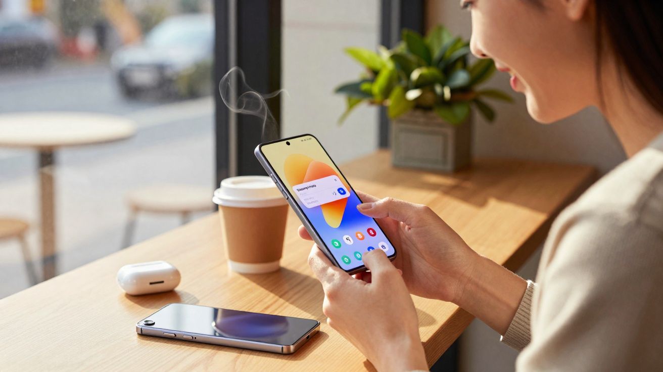 Pessoa a usar smartphone junto a uma mesa com café, auriculares e outro telemóvel num ambiente com luz natural.