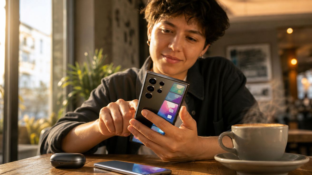 Pessoa jovem a usar smartphone moderno enquanto está sentada numa mesa de café com uma chávena de café.