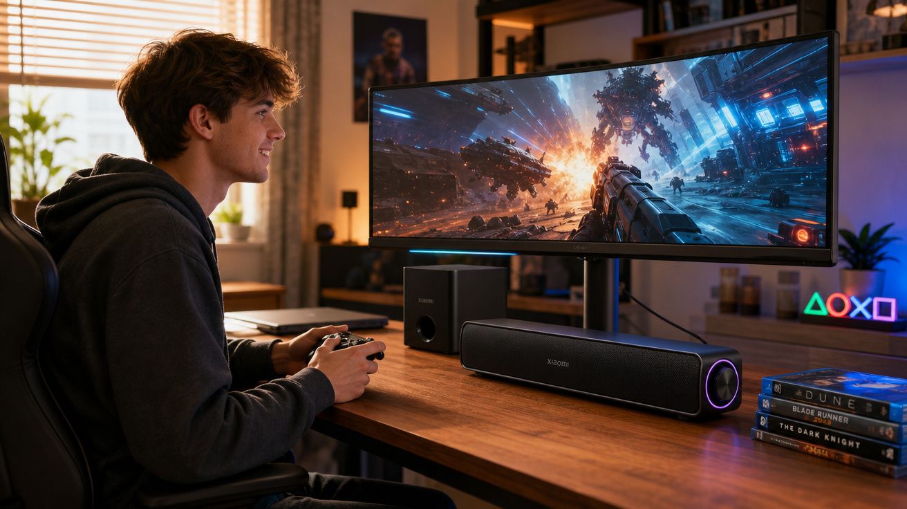 Jovem a jogar videojogos num computador com monitor ultra wide num quarto moderno e iluminado.