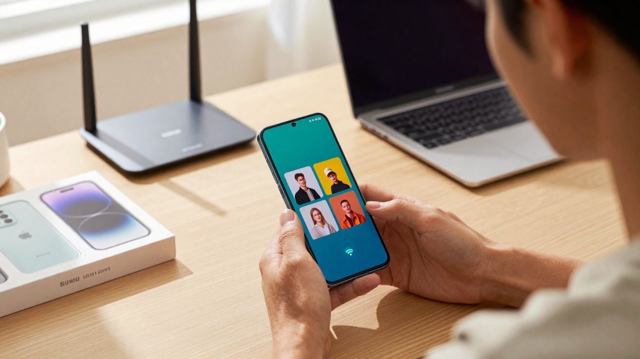 Pessoa a segurar smartphone com videoconferência na mesa ao lado de router, portátil e caixa de telemóvel.