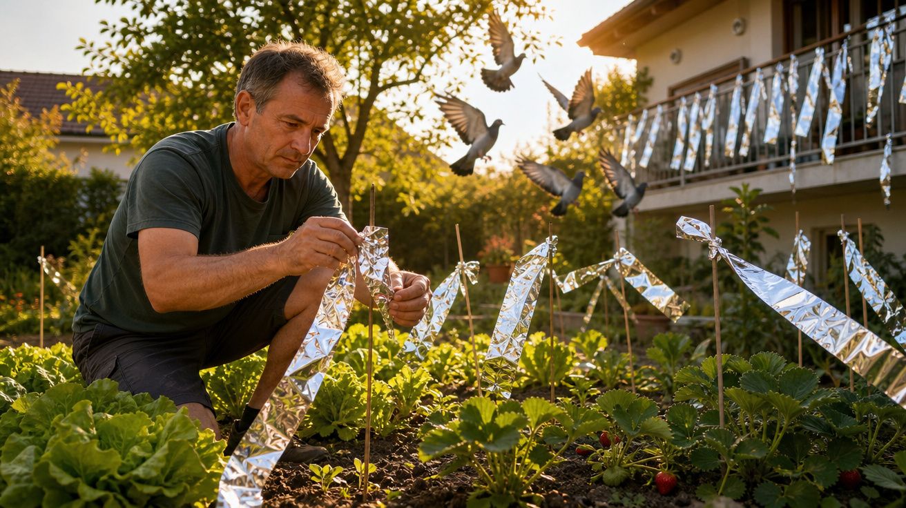 Homem coloca tiras refletoras numa horta para afastar pássaros durante o entardecer.