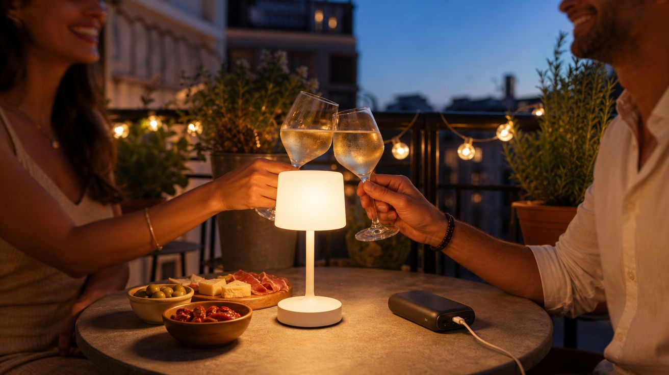 Casal a brindar com copos de vinho branco numa mesa com petiscos e lâmpada numa varanda ao entardecer.