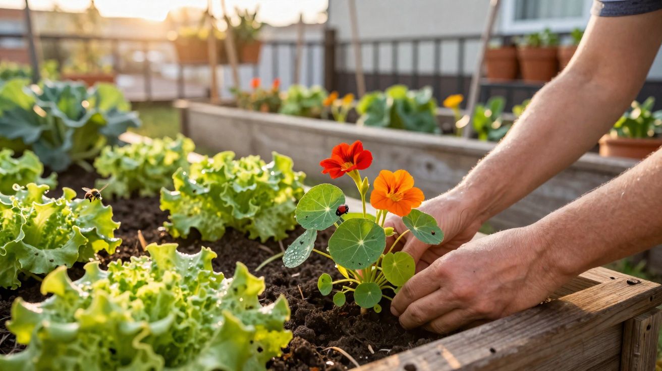 Mãos a plantar flores vermelhas e laranjas numa horta com alfaces em canteiros de madeira.