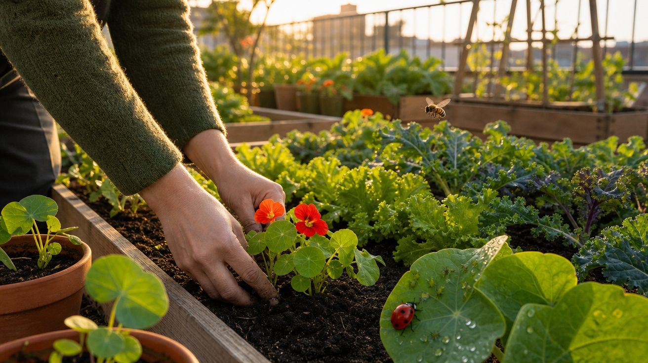 Mãos a plantar flores laranjas numa horta urbana com vegetação e insetos ao pôr do sol.
