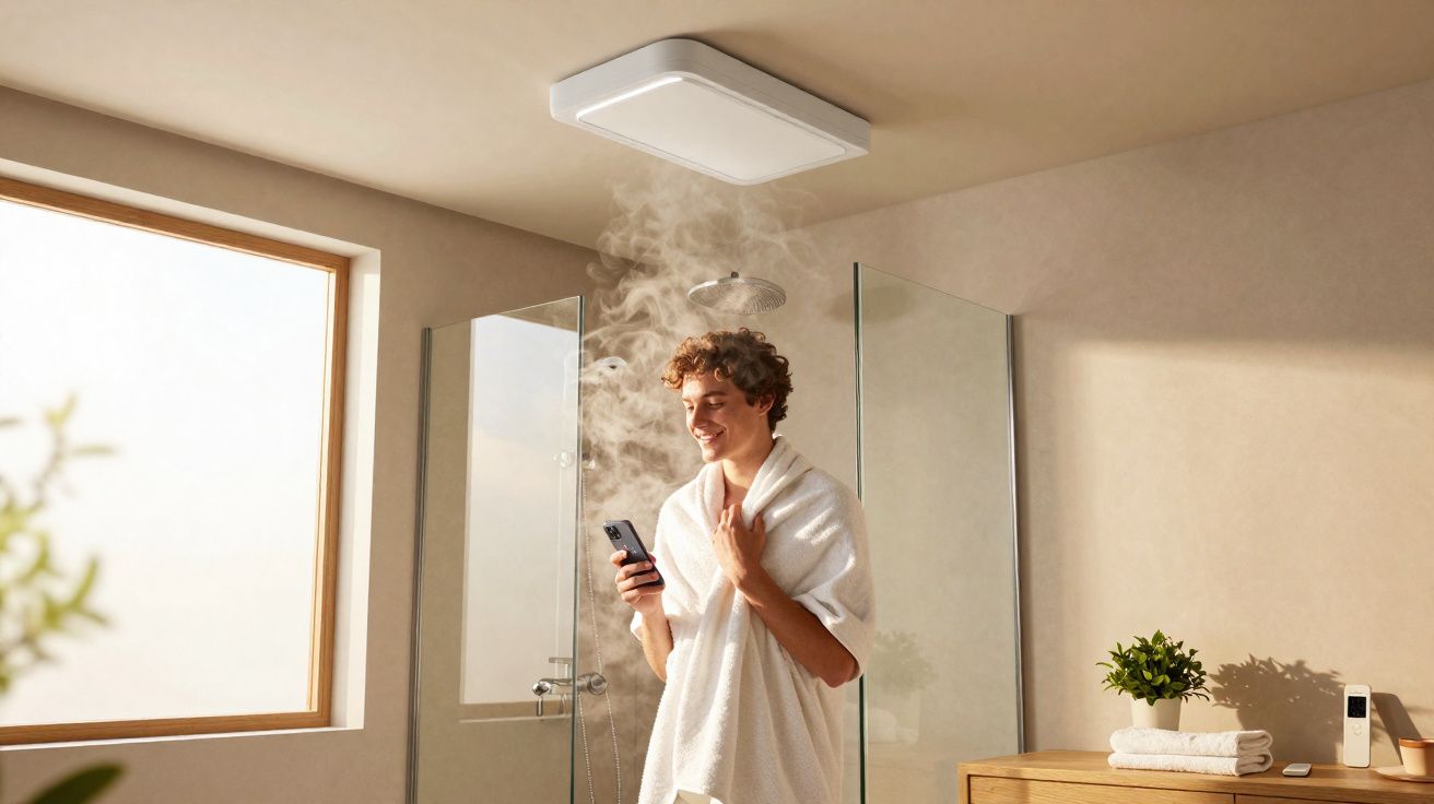Homem com toalha branca usa telemóvel numa casa de banho moderna com vapor de chuveiro e luz natural.