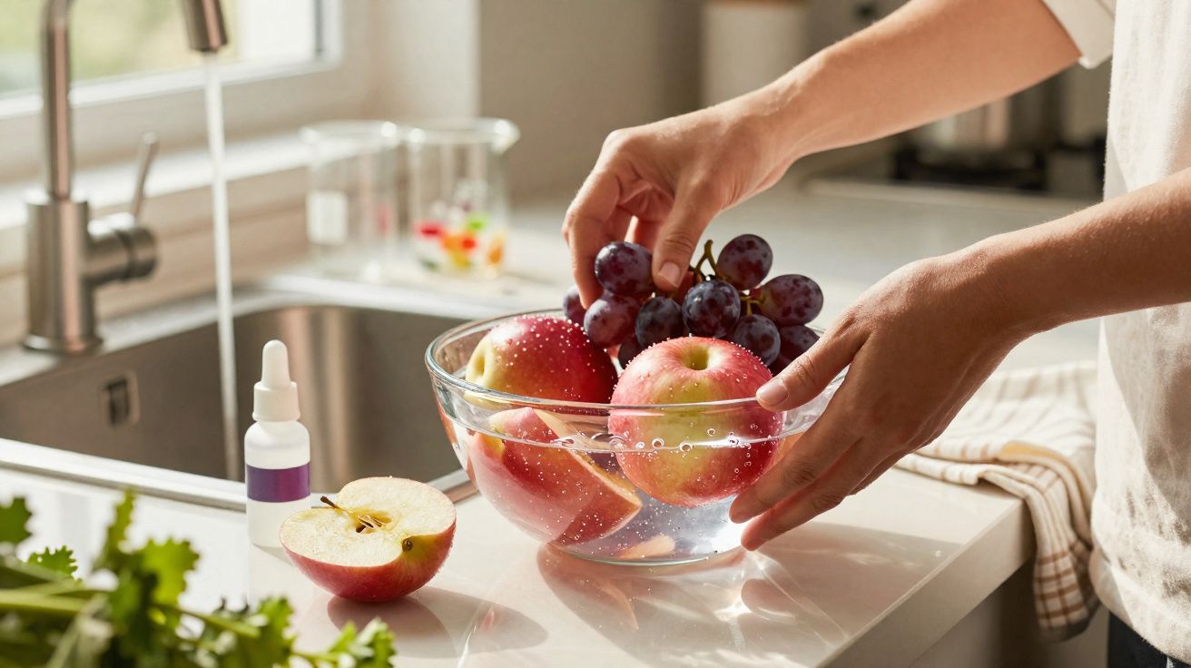 Pessoa a lavar maçãs e uvas numa taça de vidro com água numa cozinha iluminada.
