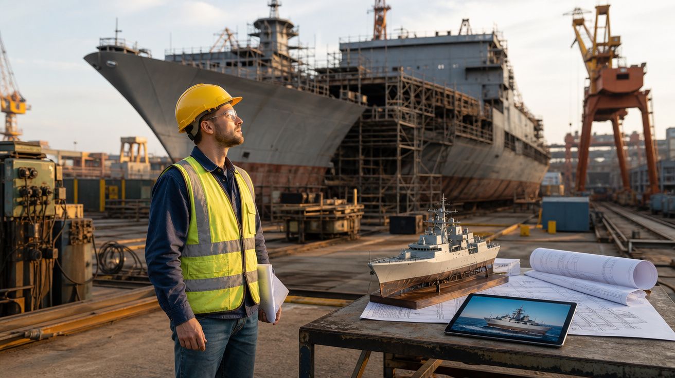 Engenheiro naval com capacete e colete a refletir ao lado de maquete e plantas num estaleiro naval.