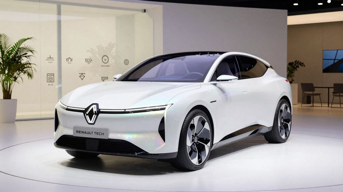 Carro elétrico concept branco da Renault exposto em salão moderno com iluminação suave.