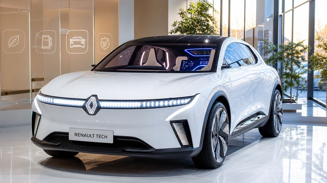 Carro elétrico branco da Renault com design futurista, exibido num showroom moderno e luminoso.