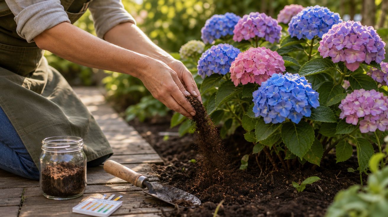Pessoa a cultivar hortênsias rosa e azul num jardim, espalhando terra à mão no solo.