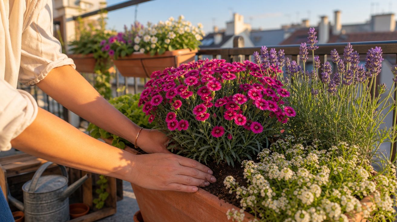 Pessoa a cuidar de um vaso com flores coloridas num terraço ao pôr do sol.