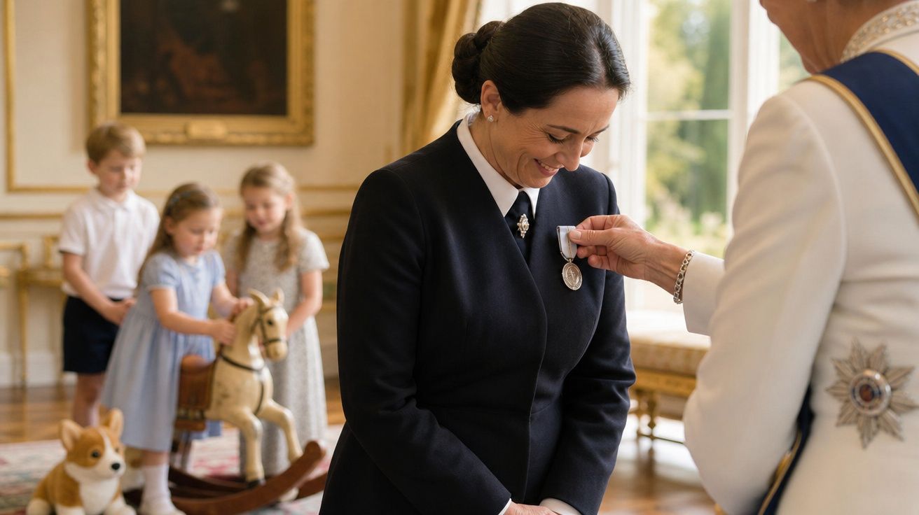 Mulher a receber uma medalha numa cerimónia, com três crianças a brincar ao fundo num ambiente formal.