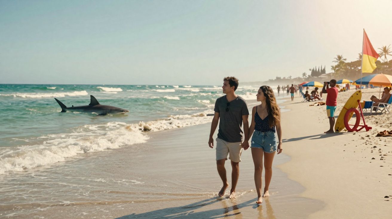 Casal a passear na praia com tubarão visível na água perto da margem num dia de sol.