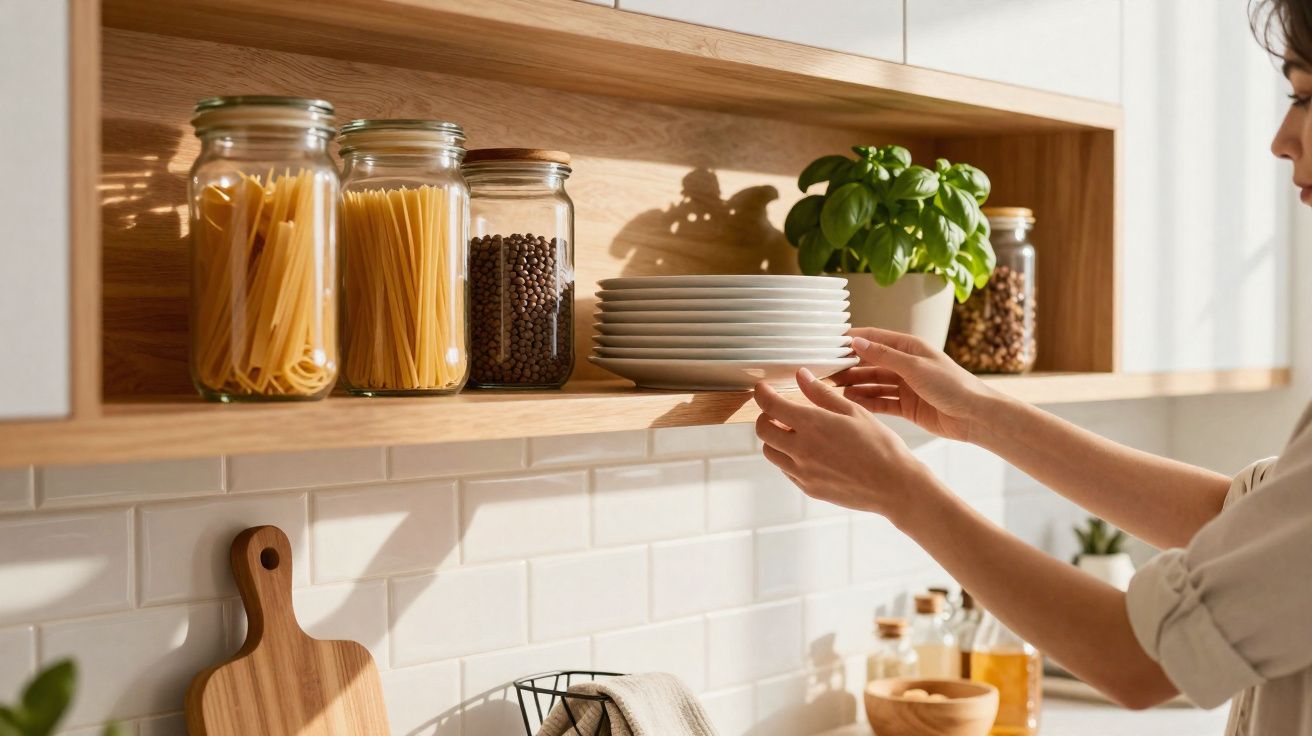 Pessoa a organizar pratos numa cozinha com frascos, manjericão e utensílios de madeira em prateleira.