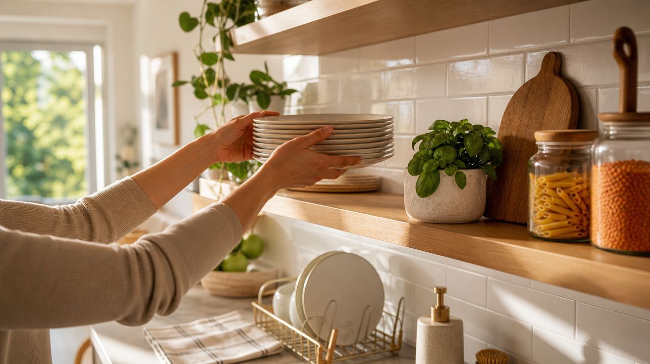 Mãos a colocar pratos numa prateleira de madeira numa cozinha com plantas e frascos de massas e leguminosas.