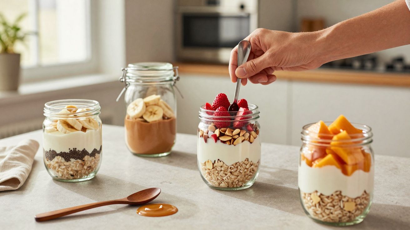 Quatro frascos com aveia, iogurte e diferentes frutas frescas numa bancada de cozinha clara.