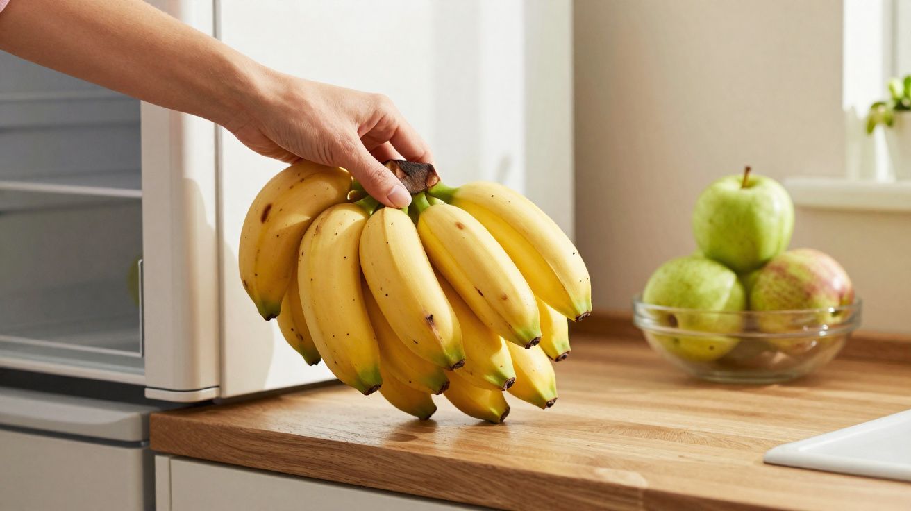 Mão a segurar um cacho de bananas maduras na bancada de cozinha com uma taça de maçãs verdes ao fundo.