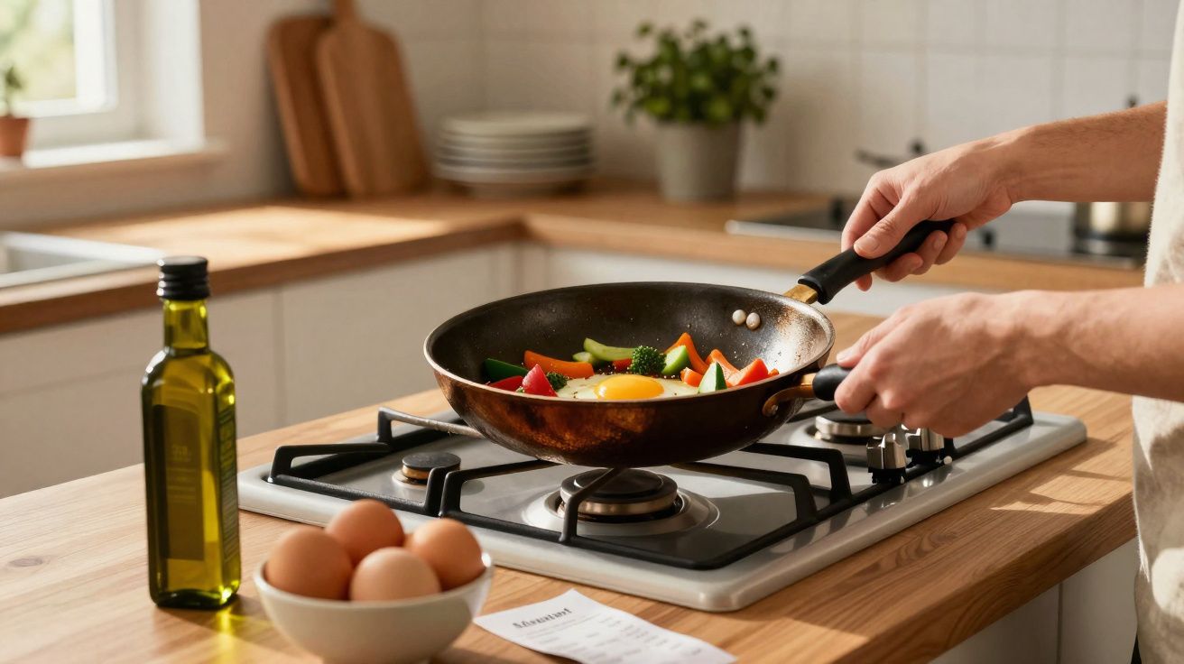 Pessoa a cozinhar legumes e ovo numa frigideira sobre fogão a gás numa cozinha moderna.