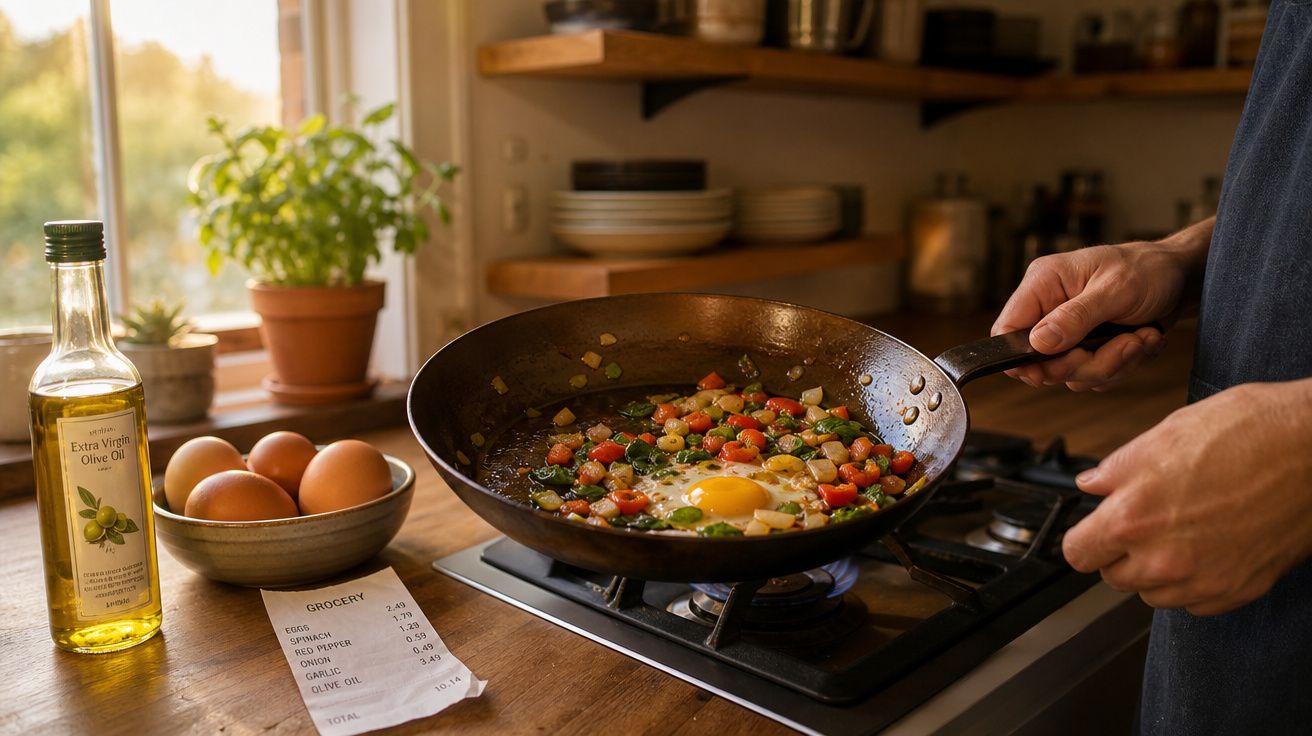 Pessoa a cozinhar ovo com legumes numa frigideira ao lume numa cozinha acolhedora com ingredientes e receita à vista.