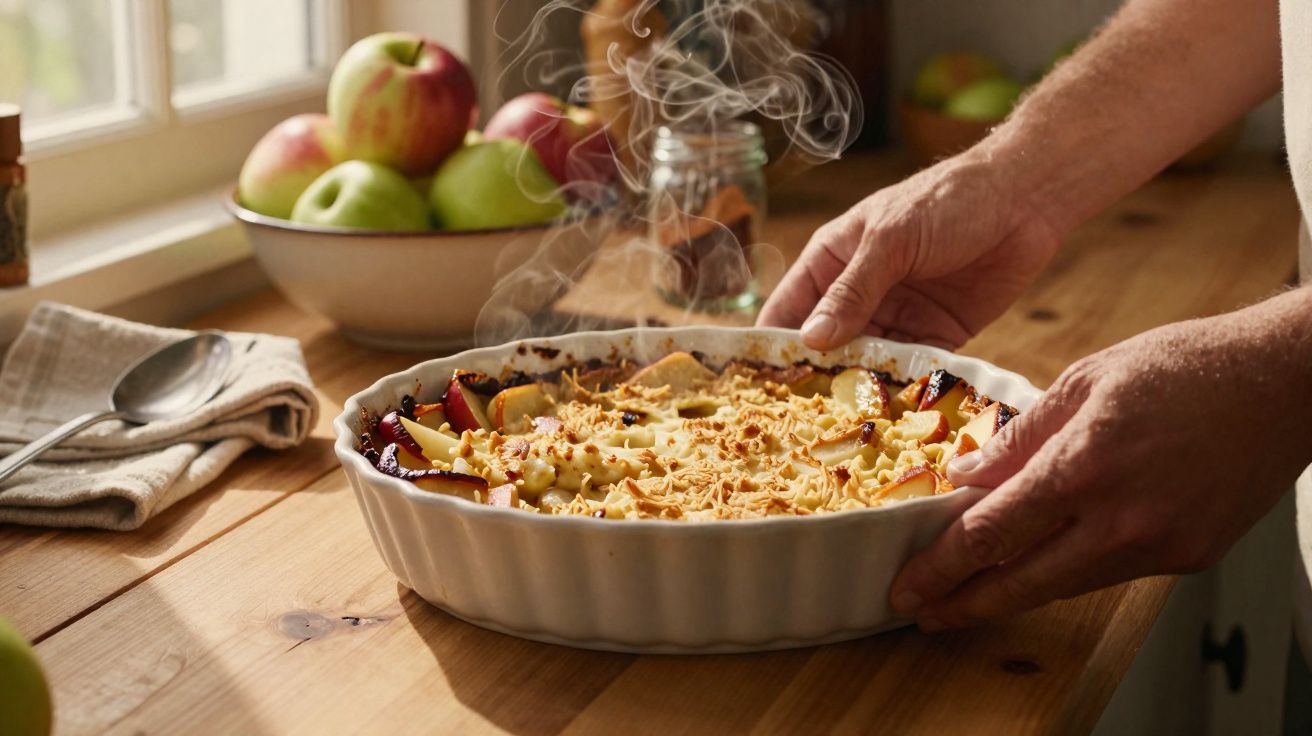 Prato quente com sobremesa fumegante, possivelmente crumble de maçã e ameixa, numa mesa de cozinha junto a uma janela.