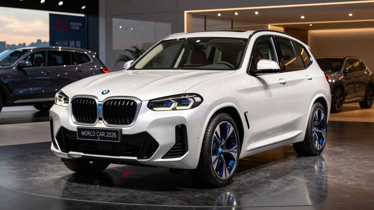 Automóvel BMW branco em exposição com luzes LED e jantes azuis, apresentado como Carro do Ano 2026.