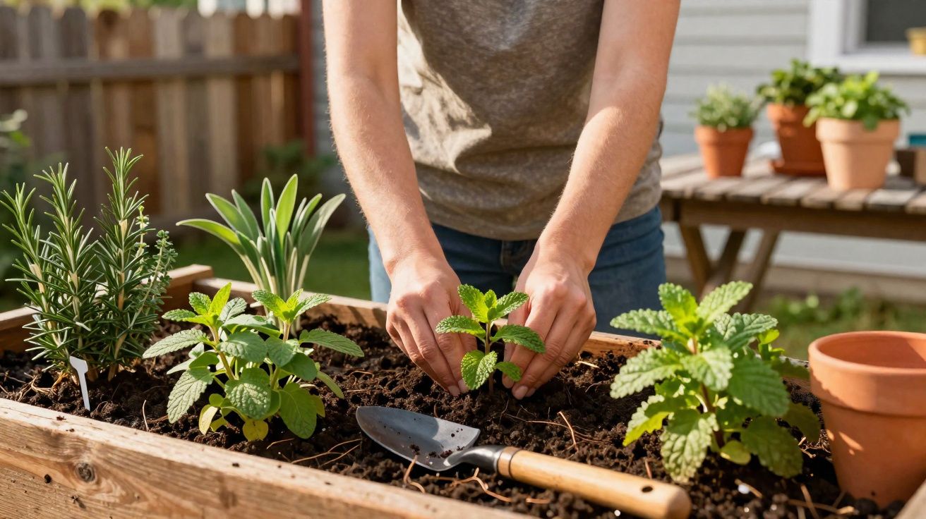Pessoa a plantar ervas aromáticas numa cama de hortas de madeira, com enxada ao lado.