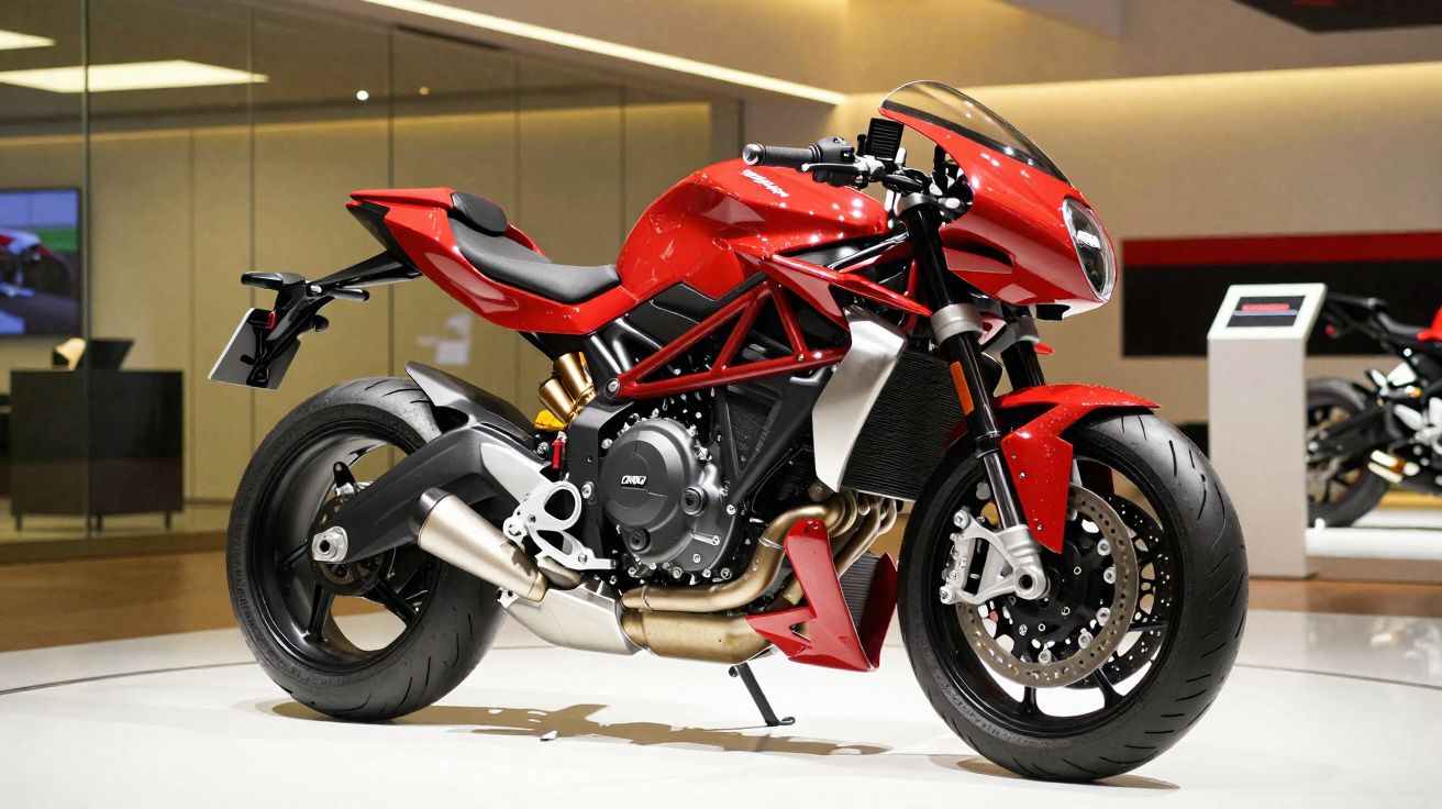 Motocicleta desportiva vermelha exposta em sala moderna com piso branco e paredes espelhadas.