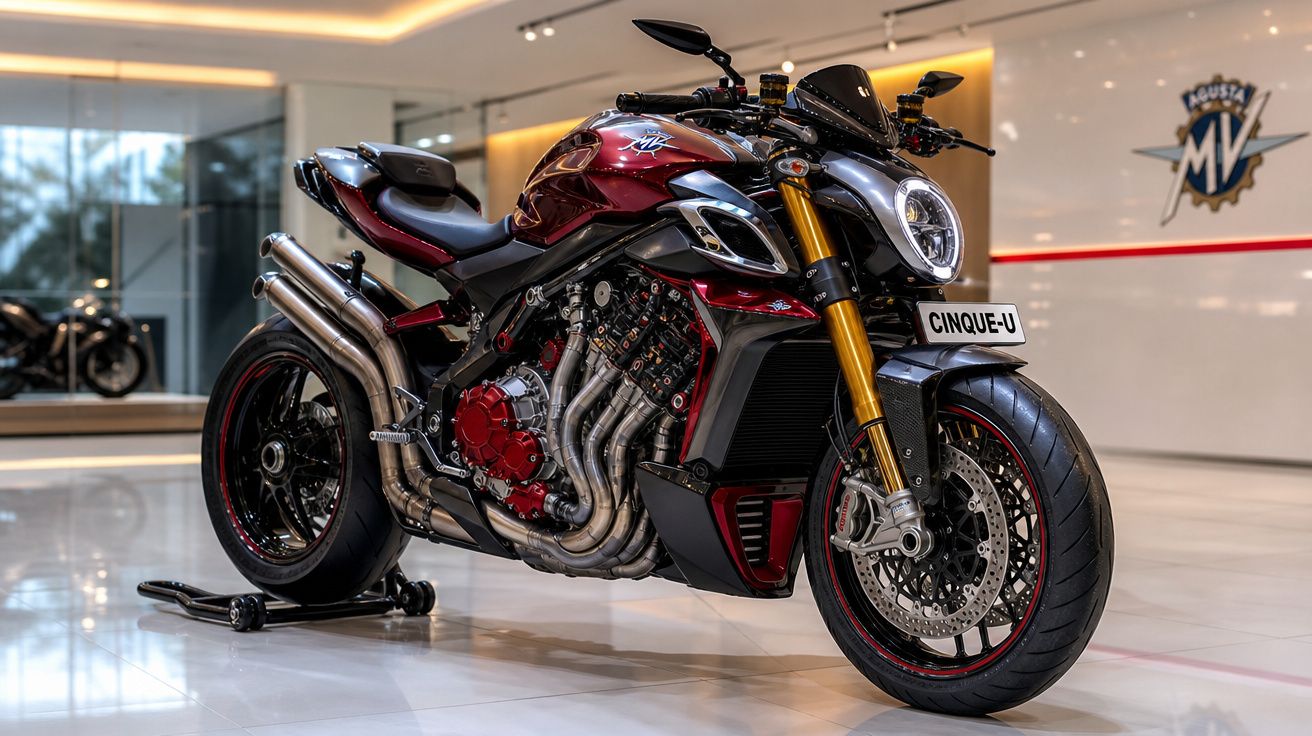 Motocicleta MV Agusta vermelho metálico em exposição numa sala com chão brilhante e iluminação moderna.
