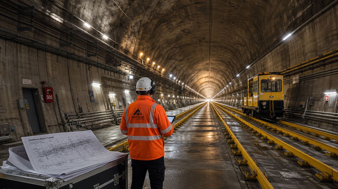 Técnico com colete laranja e capacete a inspecionar linha ferroviária dentro de túnel iluminado e profundo.