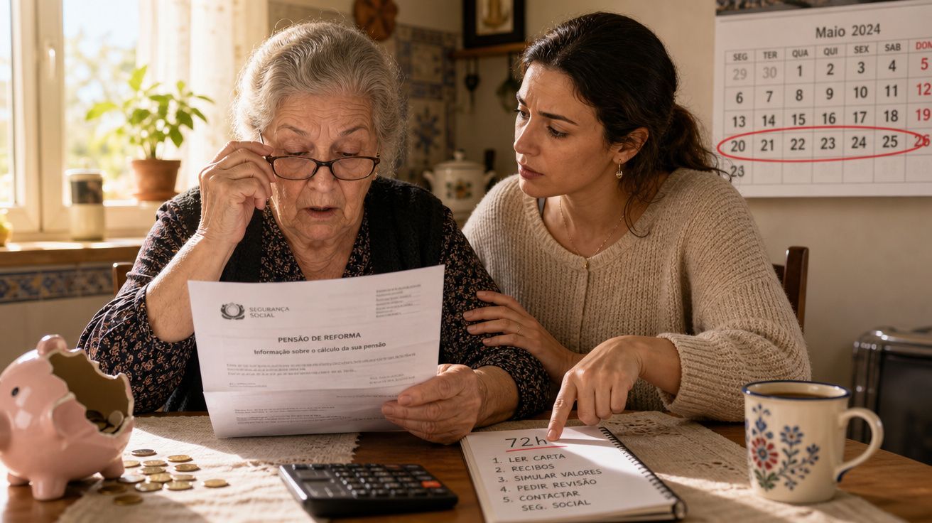Duas mulheres a analisar documentos financeiros na cozinha, com cofrinho, moedas e calendário de maio 2024 ao fundo.