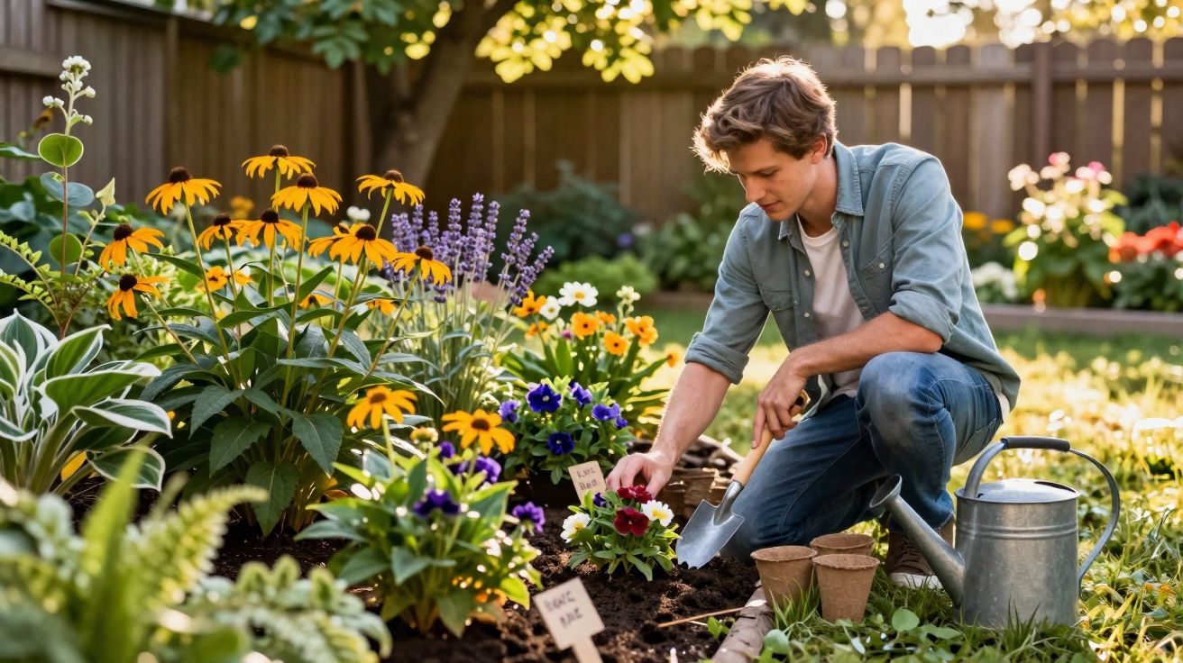 Homem a jardinar com flor vermelha num canteiro flores coloridas ao ar livre num jardim ensolarado.