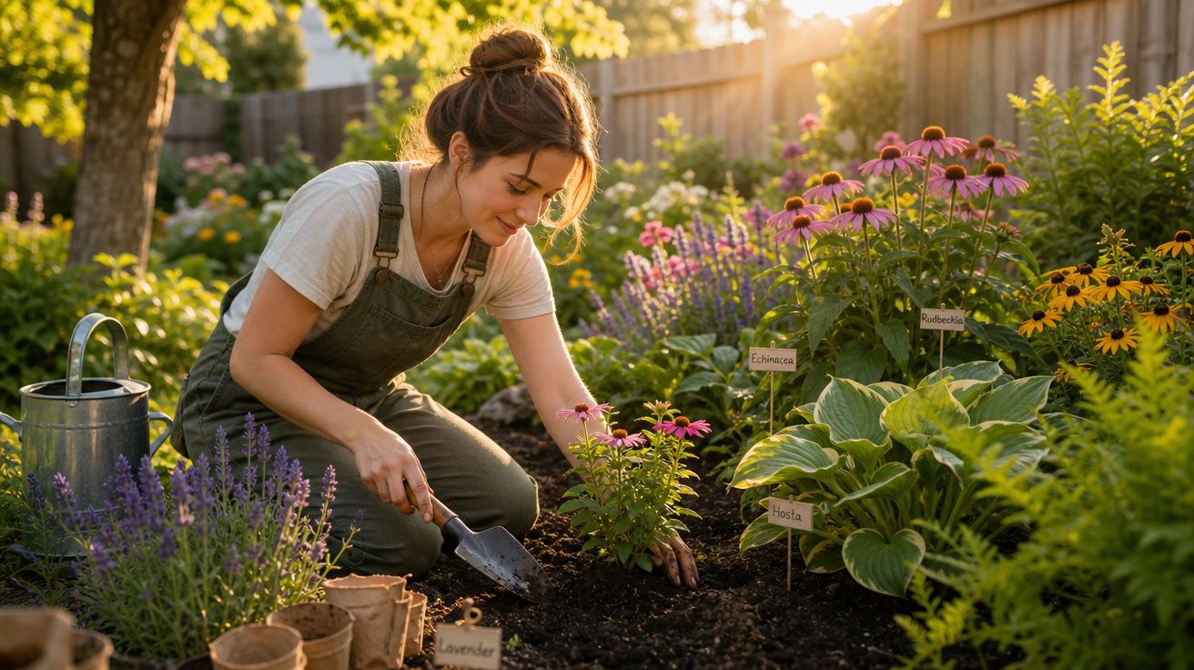 Mulher a plantar flores num jardim ensolarado com etiquetas de plantas e regador ao lado.