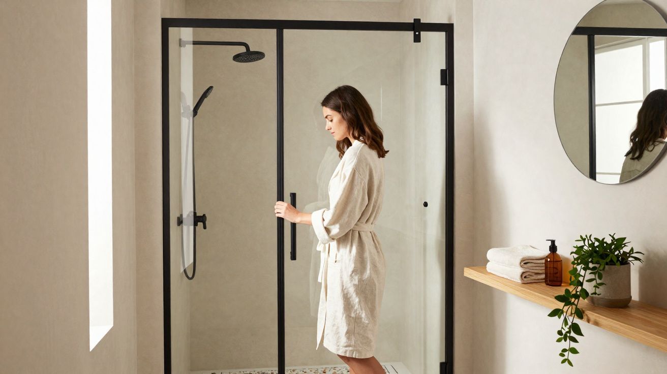 Mulher em roupão branco a abrir porta de cabine de duche moderna com moldura preta numa casa de banho minimalista.