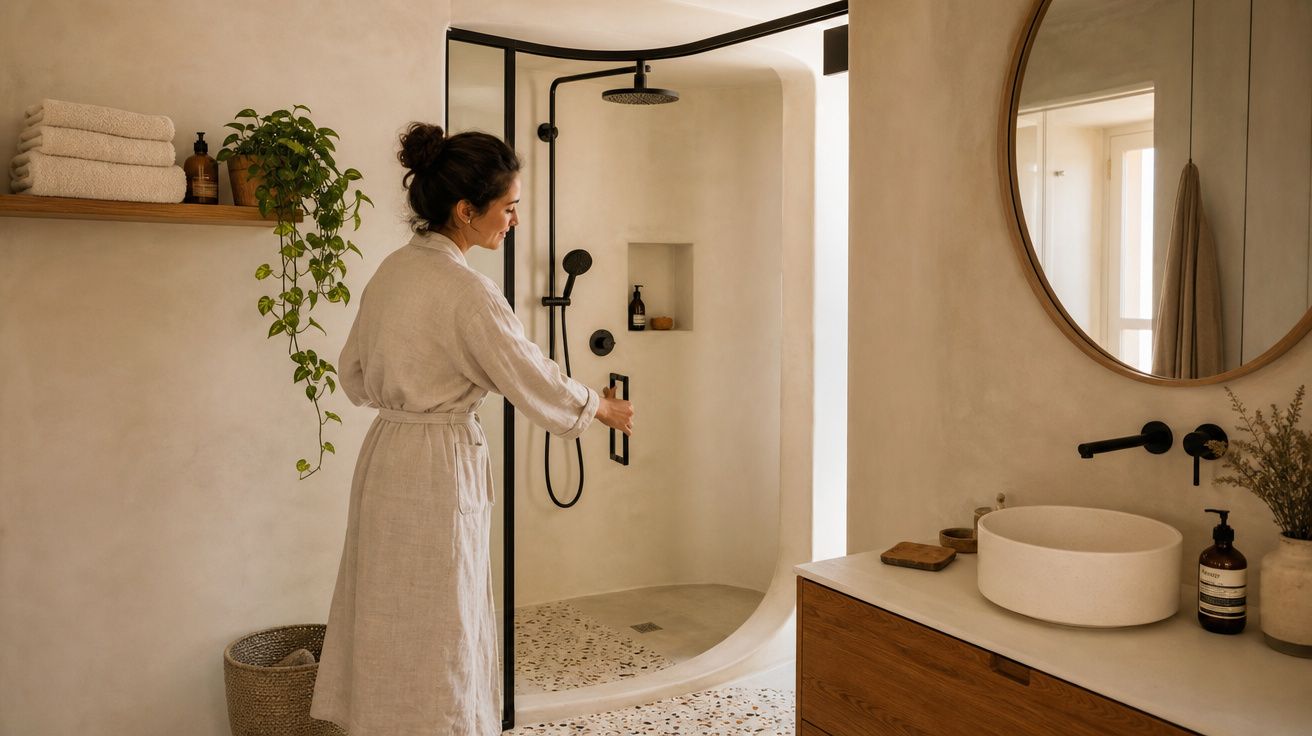 Mulher de robe bege a abrir porta de chuveiro de vidro preto numa casa de banho moderna e minimalista.