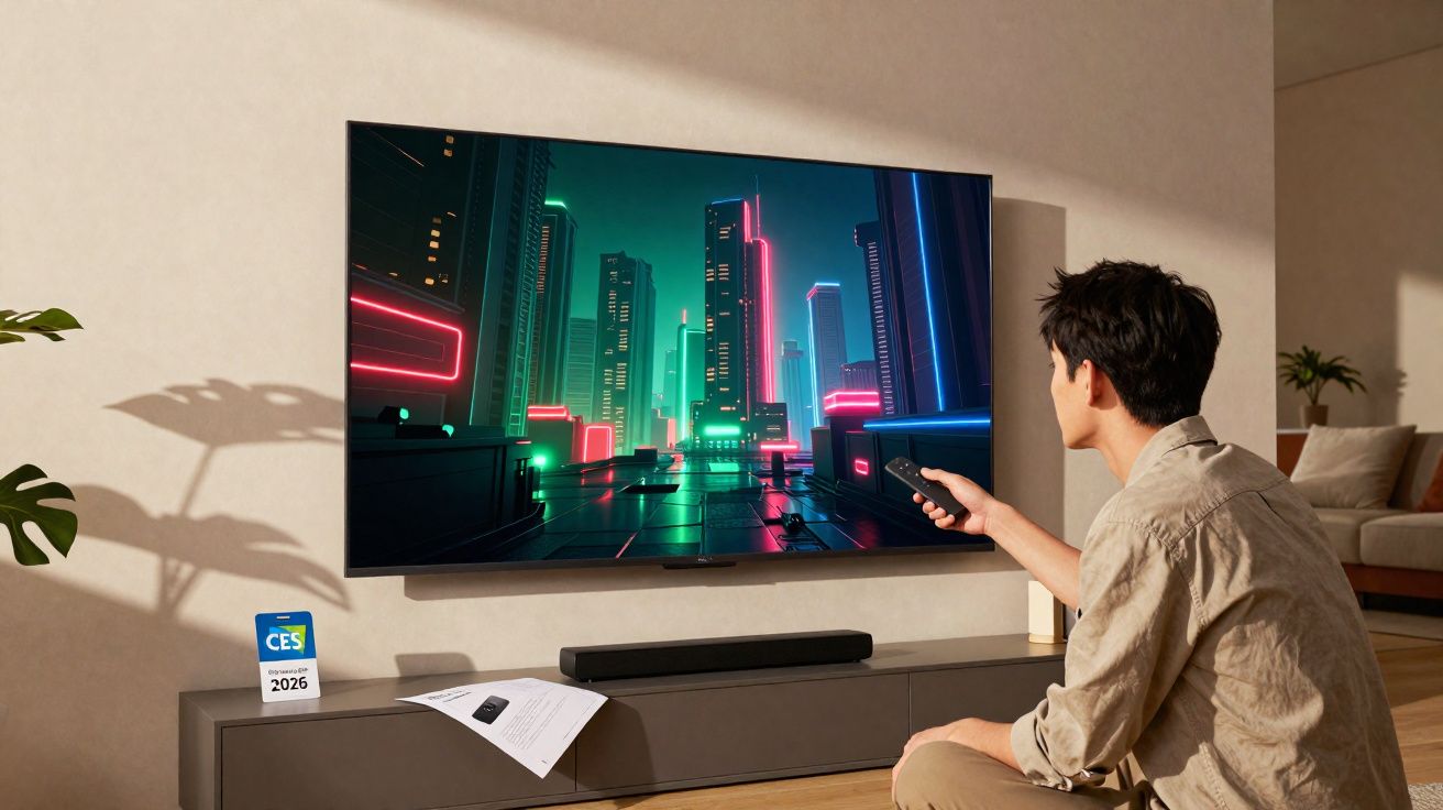 Homem sentado controla TV grande com cenário futurista neon numa sala moderna e iluminada.