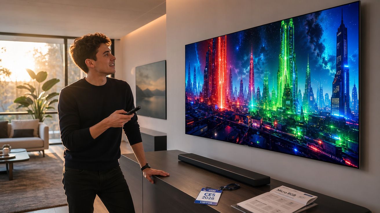 Homem a controlar televisor com imagem futurística de cidade iluminada com luzes coloridas.