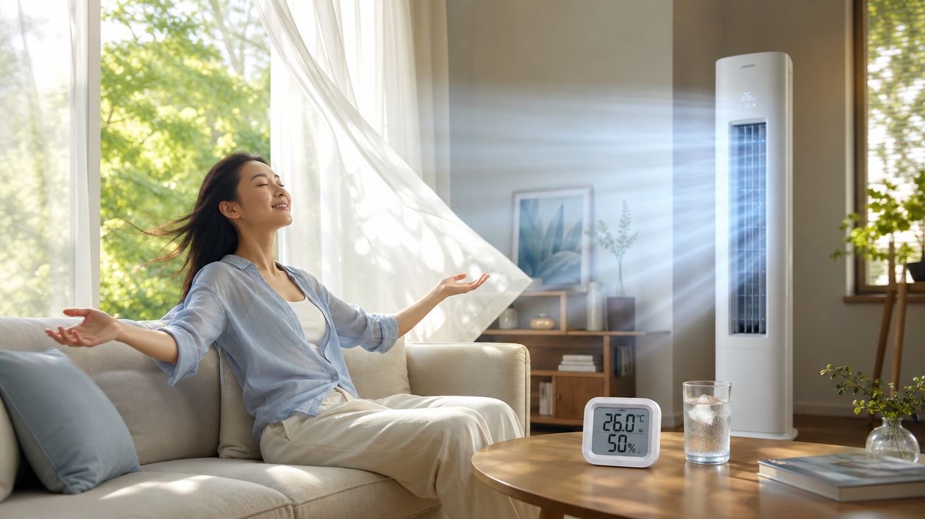 Mulher relaxa no sofá recebendo ar fresco de um ventilador alto numa sala iluminada e arejada.