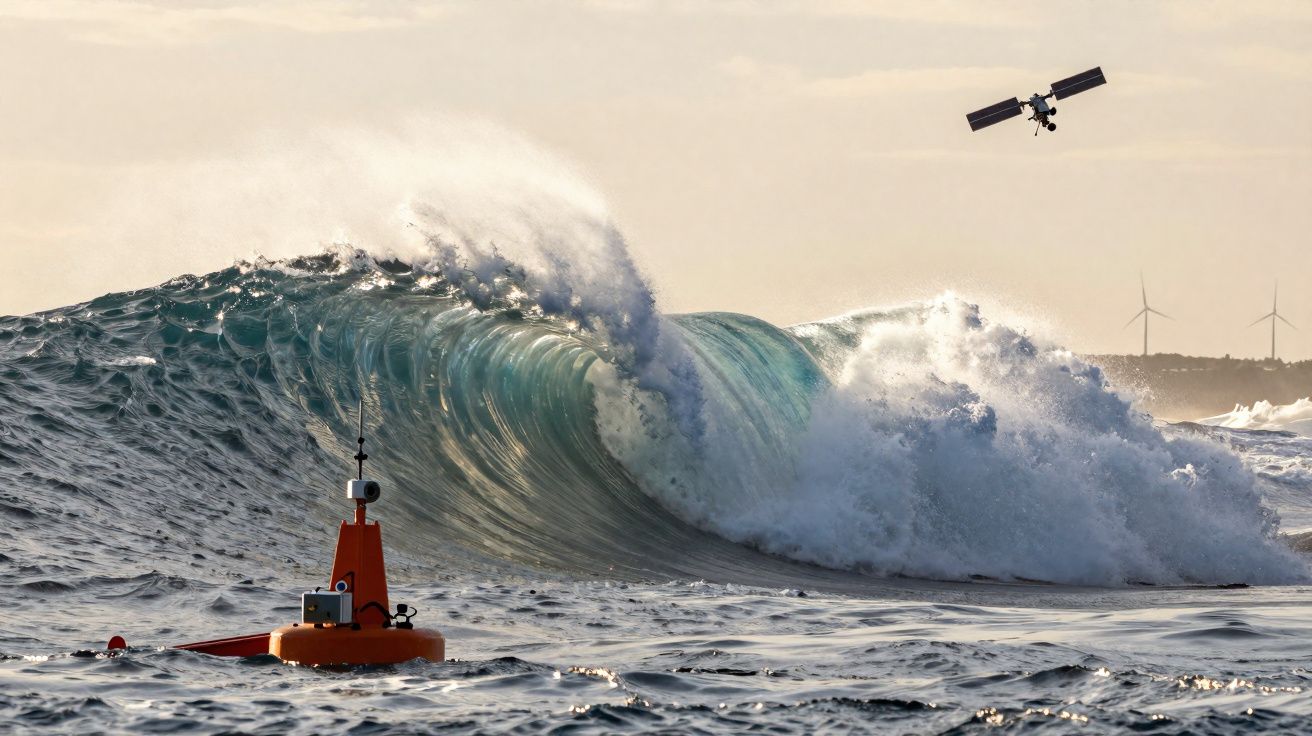 Oceano agitado com onda grande a rebentar, boia vermelha tecnológica e satélite no céu ao entardecer.
