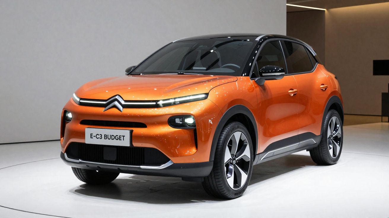 Automóvel Citroën E-C3 Budget elétrico na cor laranja, apresentado em showroom moderno.