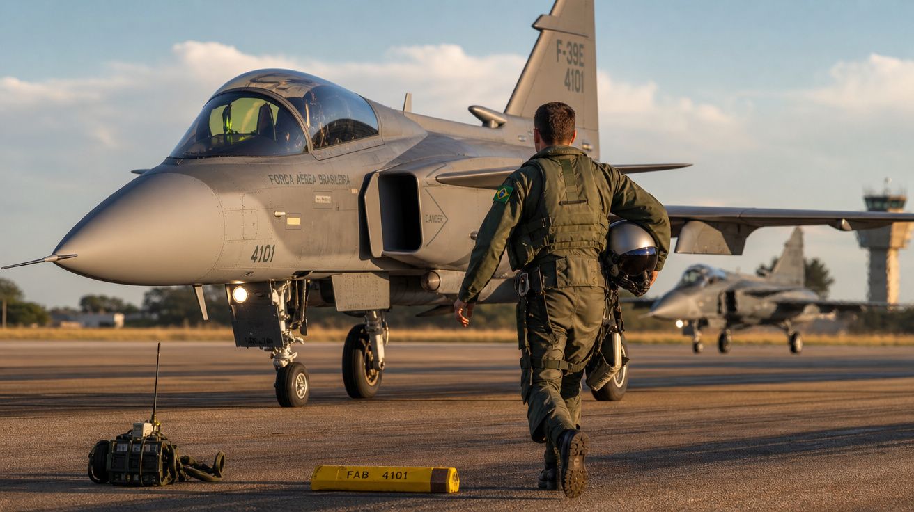 Piloto da Força Aérea Brasileira caminha para um caça F-39E estacionado numa pista ao pôr do sol.