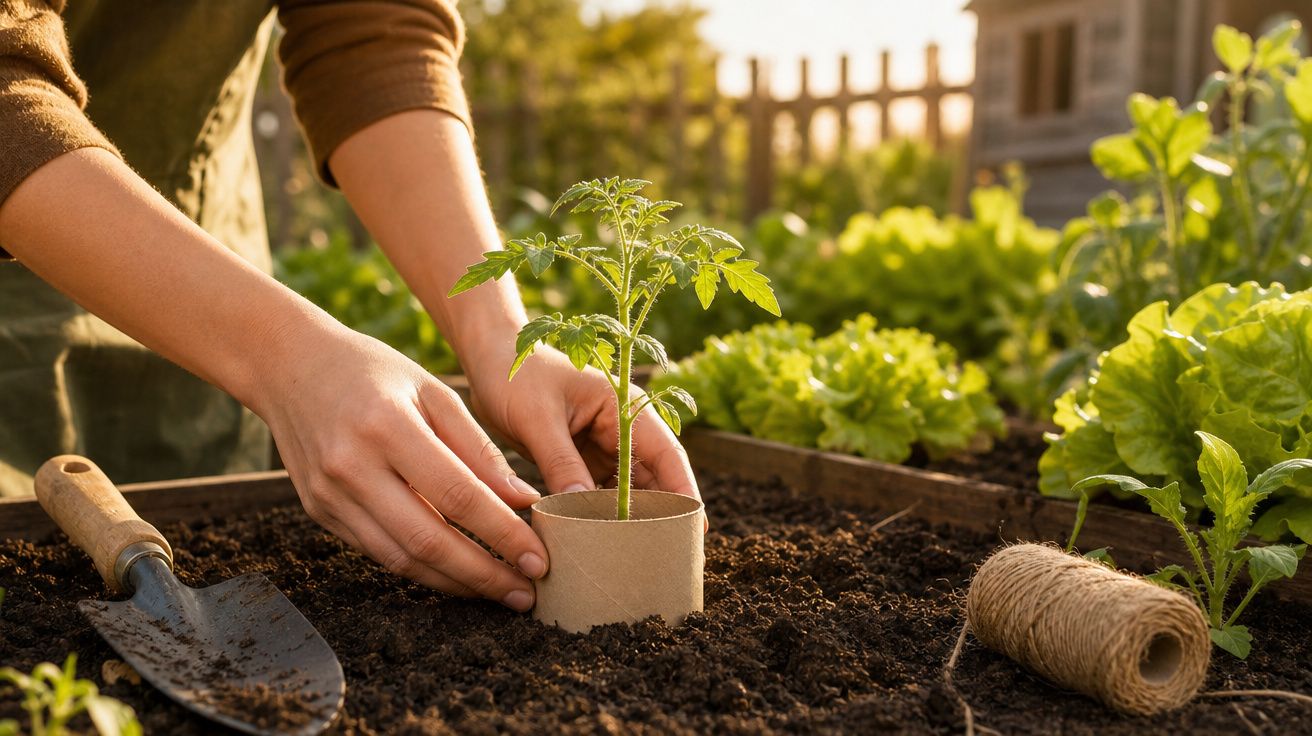 Pessoa a plantar muda de tomate com material biodegradável no jardim durante o dia.