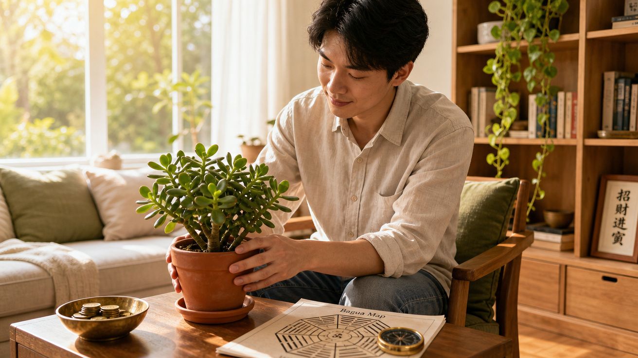 Homem a cuidar de planta suculenta numa sala iluminada com livros e objetos de decoração.