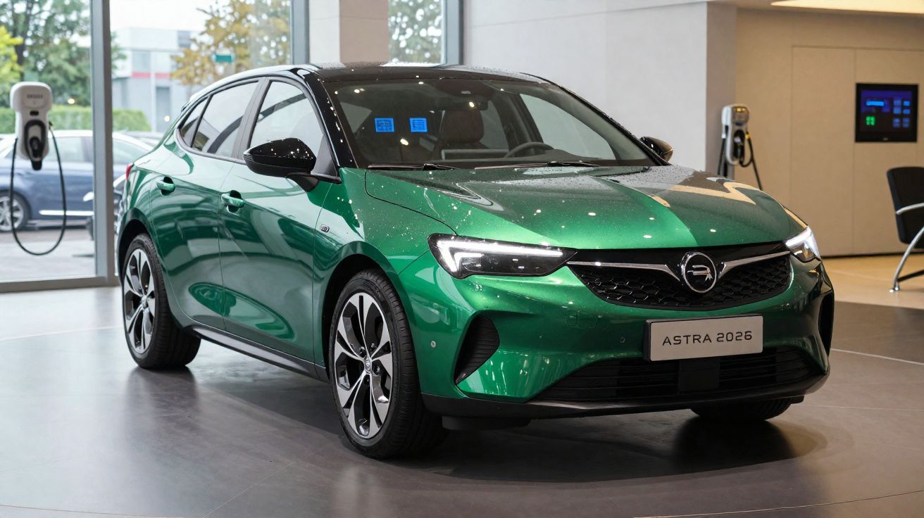 Carro elétrico verde Opel Astra 2026 em exposição interior com carregadores ao fundo.