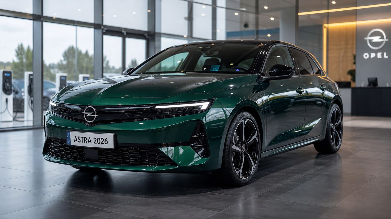 Automóvel Opel Astra 2026 verde escuro em showroom moderno com janelas amplas e recarregadores elétricos.