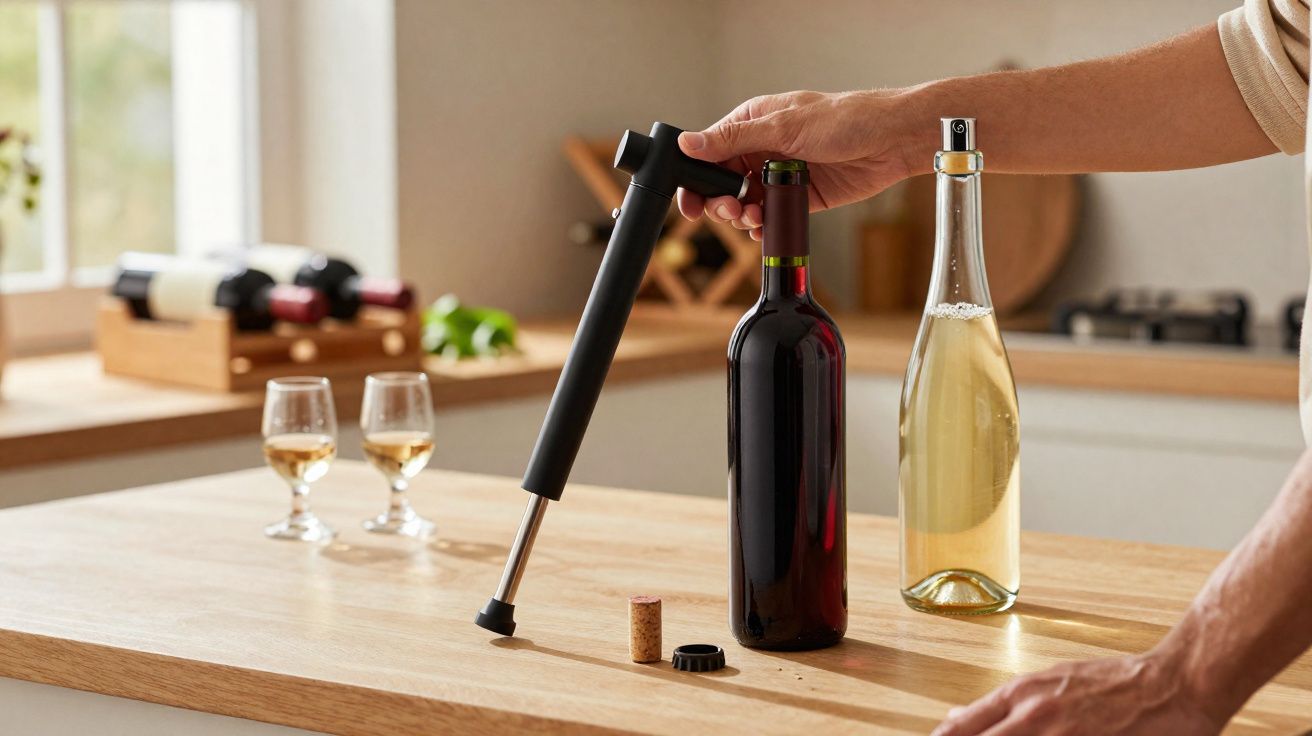 Pessoa a abrir garrafa de vinho tinto com saca-rolhas ao lado de garrafa de vinho branco na cozinha.