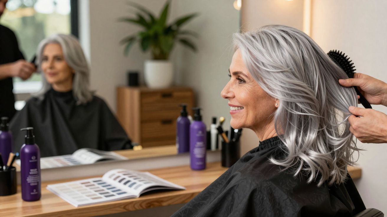 Mulher de cabelos grisalhos a sorrir enquanto penteiam o seu cabelo num salão de beleza.