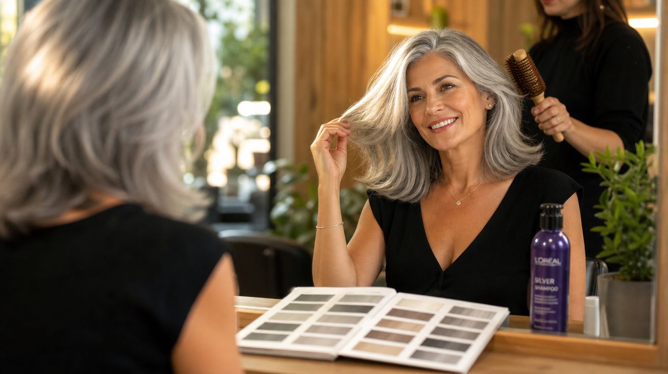 Mulher madura com cabelo grisalho a sorrir num cabeleireiro enquanto é penteada, com catálogo de cores e champô à frente.