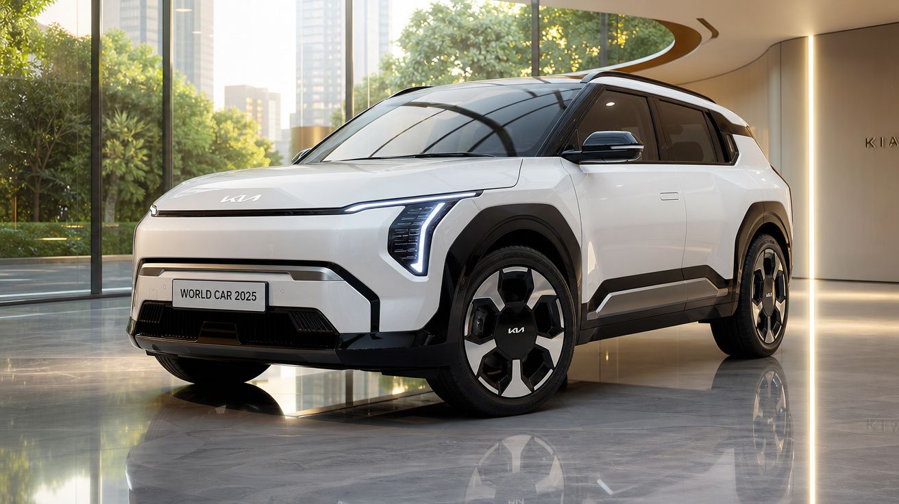 Carro eléctrico branco Kia 2025 exposto em showroom moderno com janelas amplas e luz natural.