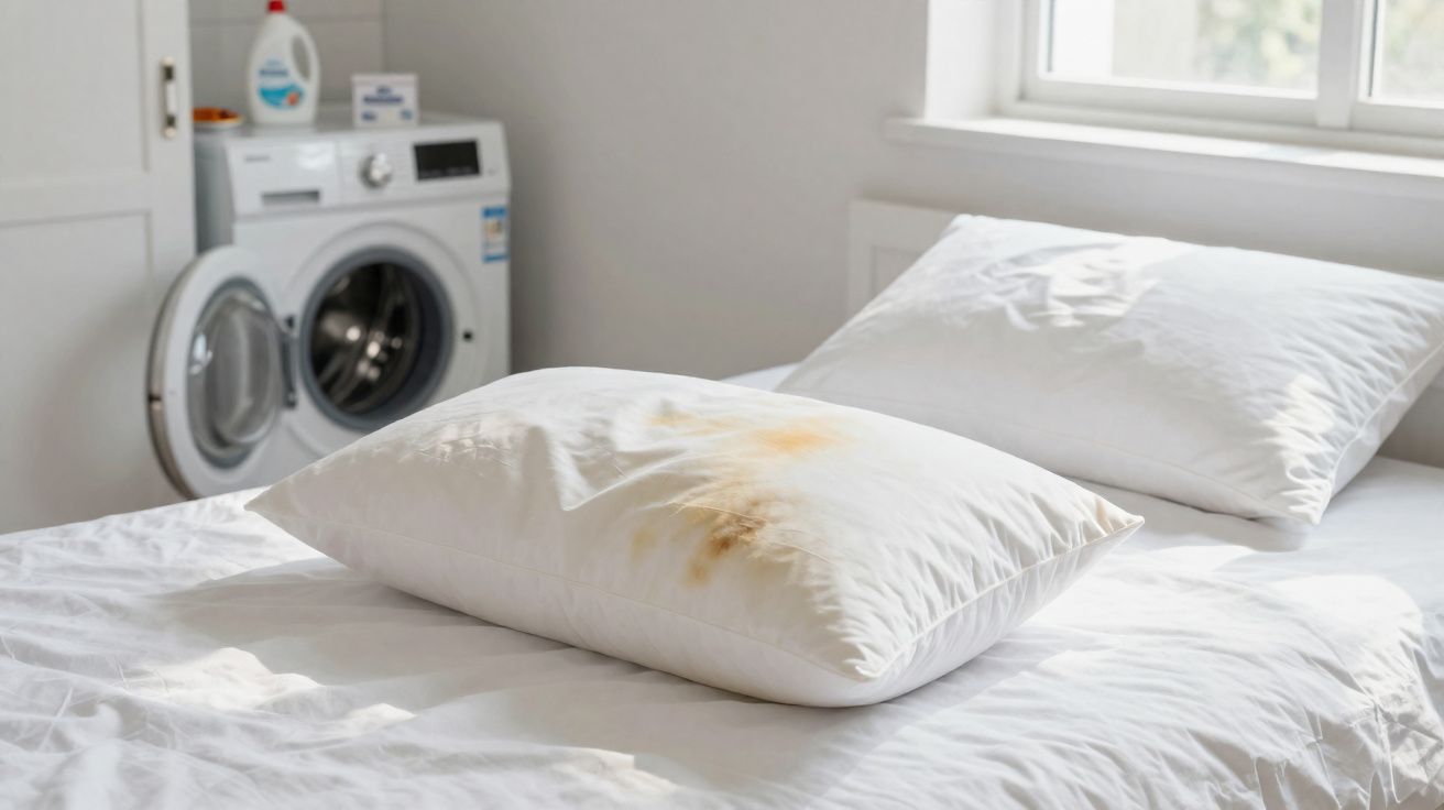 Travesseiro branco com manchas amarelas sobre cama branca em quarto com máquina de lavar roupa ao fundo.