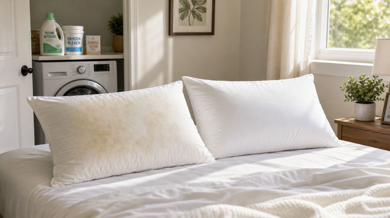 Dois almofadas numa cama branca, uma com manchas amarelas à esquerda e outra limpa à direita.